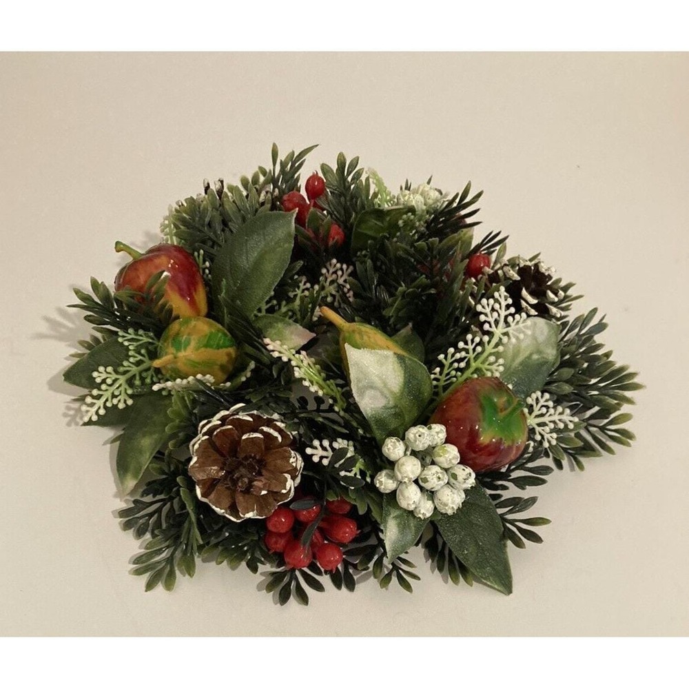 Vintage Plastic Candle Ring with Pine Cones Fruit Berries 9" Fall Christmas